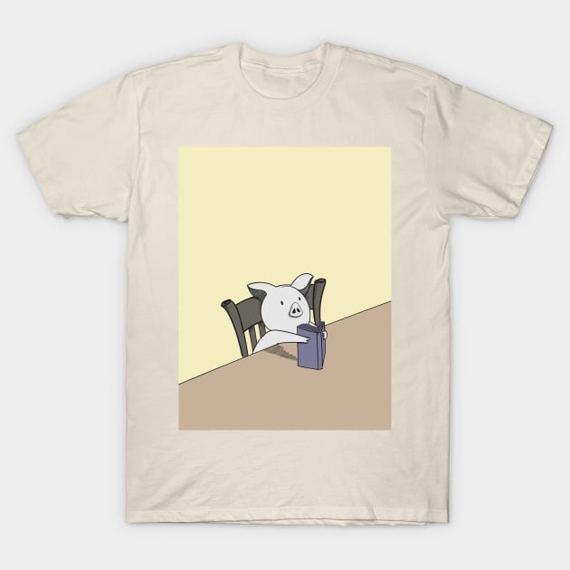 A cute pig reading a book that he is holding in his hands and looking very confused T-Shirt by Saudung